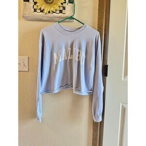 John Galt Malibu Spellout Long Sleeve One Size Crewneck Light Blue Cropped Tee